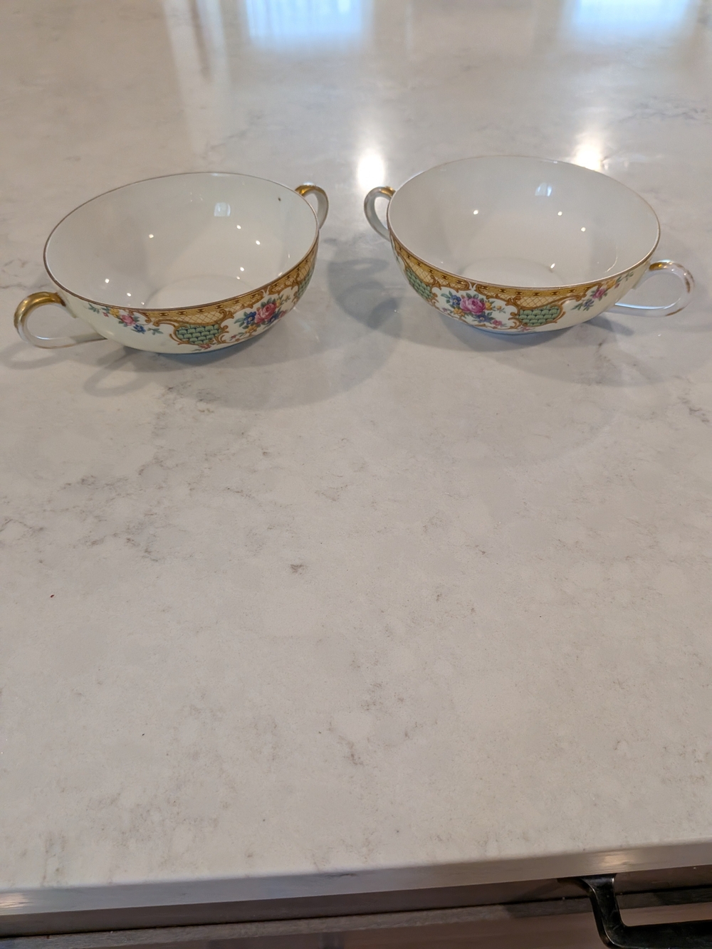 Vintage Early To Mid 20th Japanese Double Handed Porcelain Soup Bowls Set Of 2.